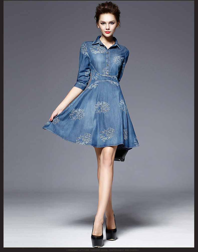 SZ60041 Stylish Embroidery Polo Neck Half Sleeve Denim Midi Skater Dress